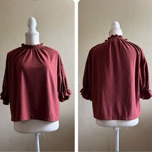 Madewell Texture and Thread Clip Dot Ruffle Maroon Blouse